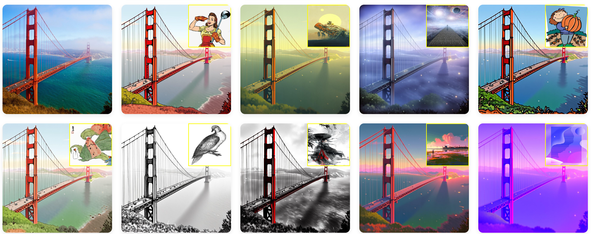 Diverse high-quality stylization results on the Golden Gate Bridge